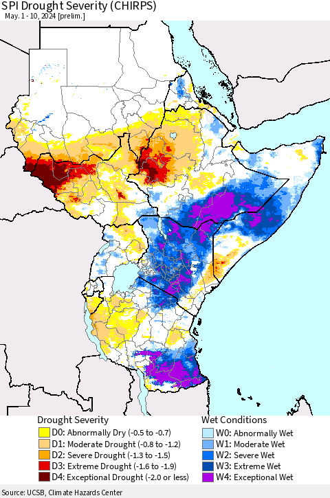Eastern Africa SPI Drought Severity (CHIRPS) Thematic Map For 5/1/2024 - 5/10/2024