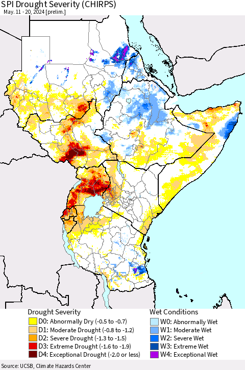 Eastern Africa SPI Drought Severity (CHIRPS) Thematic Map For 5/11/2024 - 5/20/2024