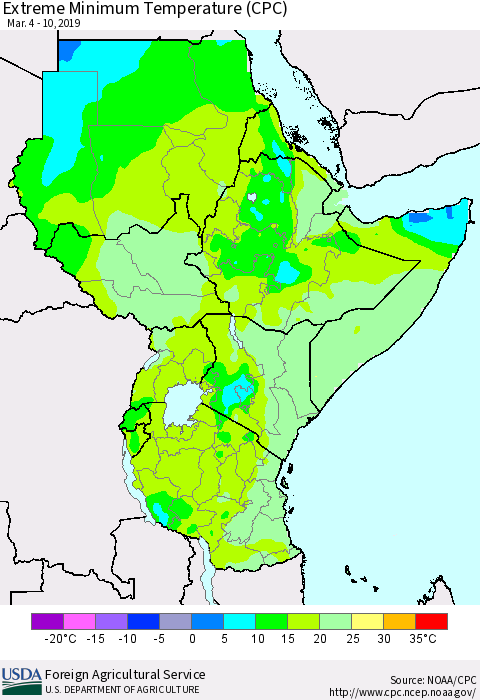 Eastern Africa Minimum Daily Temperature (CPC) Thematic Map For 3/4/2019 - 3/10/2019