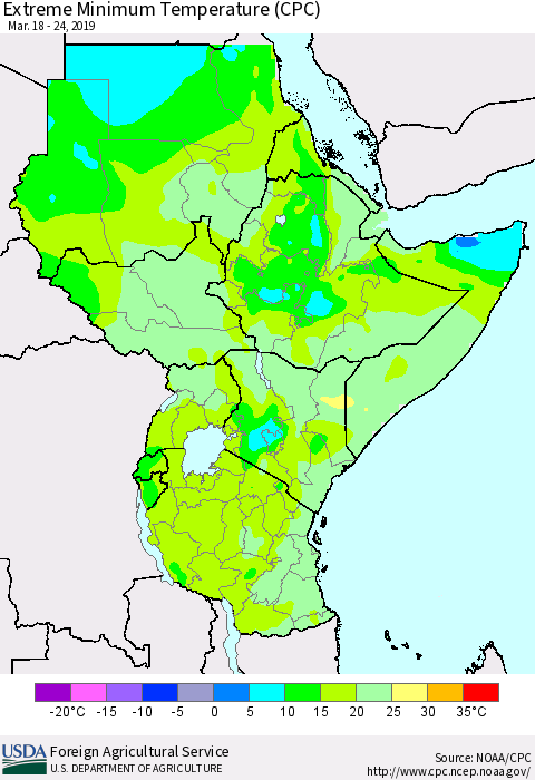 Eastern Africa Minimum Daily Temperature (CPC) Thematic Map For 3/18/2019 - 3/24/2019