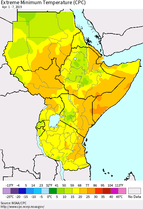 Eastern Africa Minimum Daily Temperature (CPC) Thematic Map For 4/1/2019 - 4/7/2019