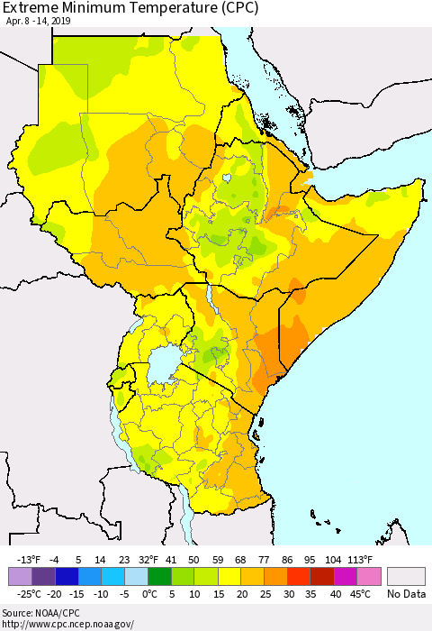 Eastern Africa Minimum Daily Temperature (CPC) Thematic Map For 4/8/2019 - 4/14/2019