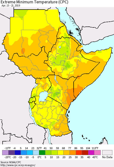 Eastern Africa Minimum Daily Temperature (CPC) Thematic Map For 4/15/2019 - 4/21/2019