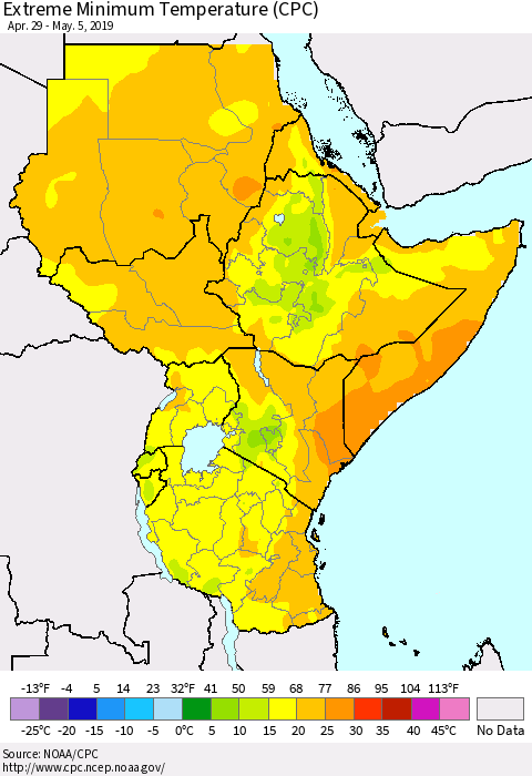 Eastern Africa Minimum Daily Temperature (CPC) Thematic Map For 4/29/2019 - 5/5/2019