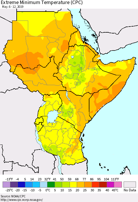 Eastern Africa Minimum Daily Temperature (CPC) Thematic Map For 5/6/2019 - 5/12/2019