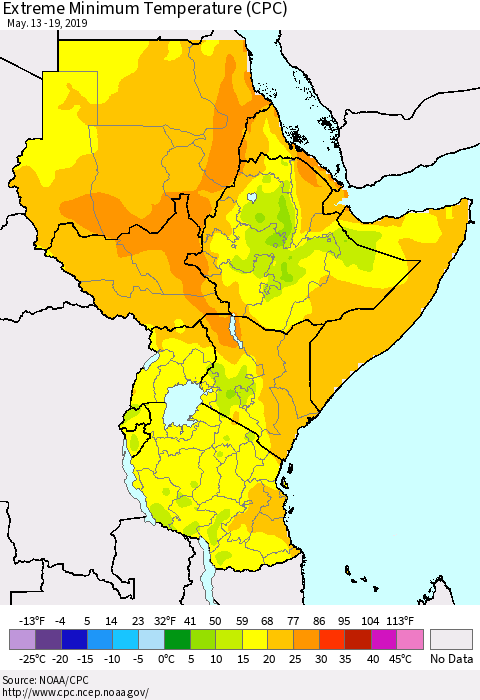 Eastern Africa Minimum Daily Temperature (CPC) Thematic Map For 5/13/2019 - 5/19/2019