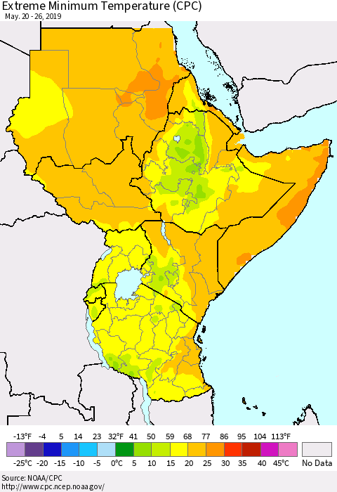Eastern Africa Minimum Daily Temperature (CPC) Thematic Map For 5/20/2019 - 5/26/2019