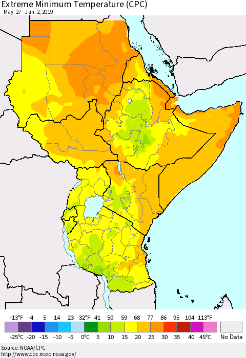 Eastern Africa Minimum Daily Temperature (CPC) Thematic Map For 5/27/2019 - 6/2/2019