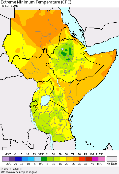 Eastern Africa Minimum Daily Temperature (CPC) Thematic Map For 6/3/2019 - 6/9/2019