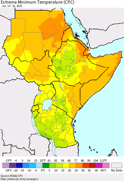 Eastern Africa Minimum Daily Temperature (CPC) Thematic Map For 6/10/2019 - 6/16/2019