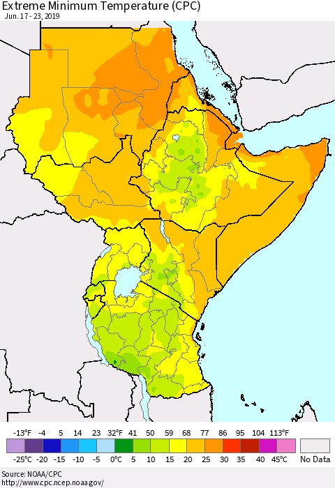 Eastern Africa Minimum Daily Temperature (CPC) Thematic Map For 6/17/2019 - 6/23/2019