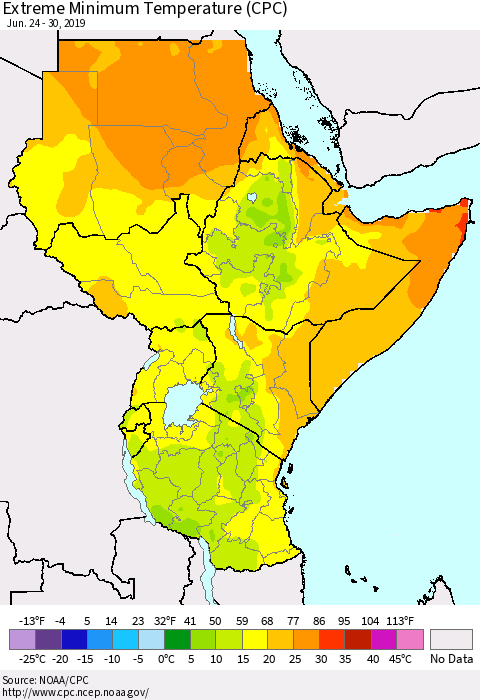 Eastern Africa Minimum Daily Temperature (CPC) Thematic Map For 6/24/2019 - 6/30/2019