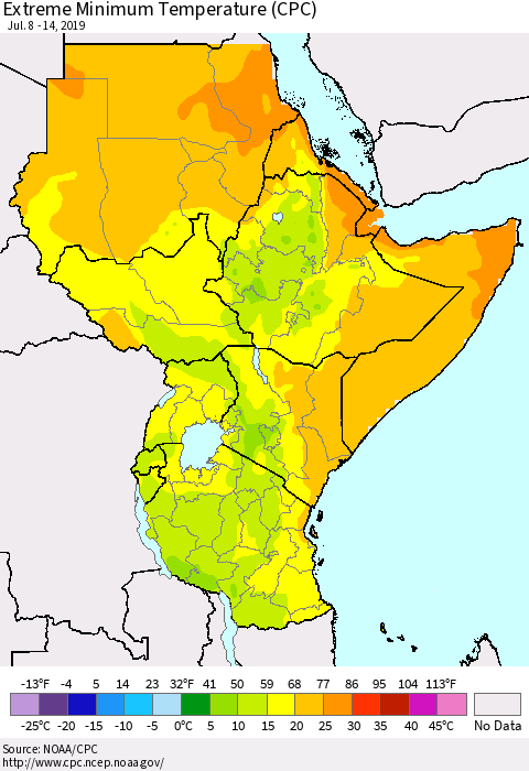 Eastern Africa Minimum Daily Temperature (CPC) Thematic Map For 7/8/2019 - 7/14/2019