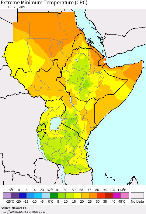 Eastern Africa Minimum Daily Temperature (CPC) Thematic Map For 7/15/2019 - 7/21/2019