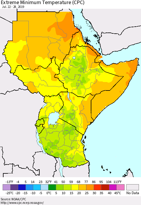 Eastern Africa Minimum Daily Temperature (CPC) Thematic Map For 7/22/2019 - 7/28/2019
