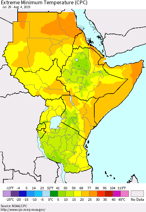 Eastern Africa Minimum Daily Temperature (CPC) Thematic Map For 7/29/2019 - 8/4/2019