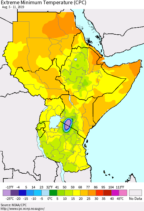 Eastern Africa Minimum Daily Temperature (CPC) Thematic Map For 8/5/2019 - 8/11/2019