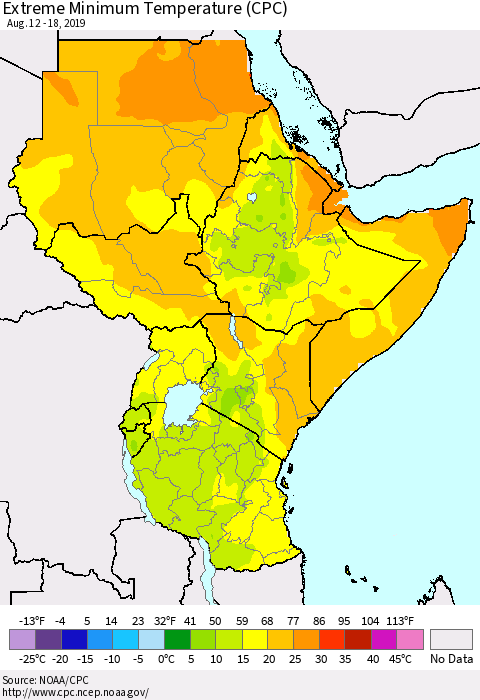 Eastern Africa Minimum Daily Temperature (CPC) Thematic Map For 8/12/2019 - 8/18/2019