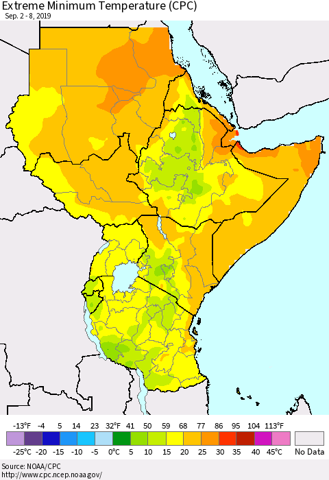 Eastern Africa Minimum Daily Temperature (CPC) Thematic Map For 9/2/2019 - 9/8/2019