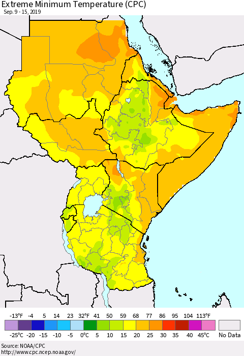 Eastern Africa Minimum Daily Temperature (CPC) Thematic Map For 9/9/2019 - 9/15/2019
