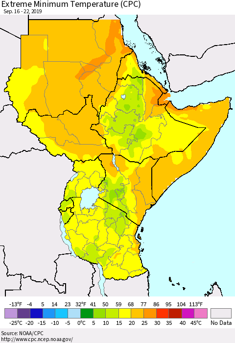 Eastern Africa Minimum Daily Temperature (CPC) Thematic Map For 9/16/2019 - 9/22/2019
