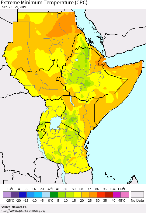 Eastern Africa Minimum Daily Temperature (CPC) Thematic Map For 9/23/2019 - 9/29/2019