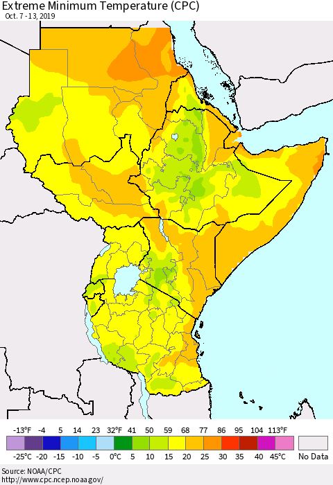 Eastern Africa Minimum Daily Temperature (CPC) Thematic Map For 10/7/2019 - 10/13/2019