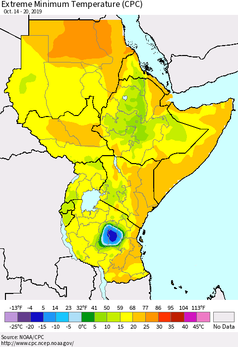 Eastern Africa Minimum Daily Temperature (CPC) Thematic Map For 10/14/2019 - 10/20/2019