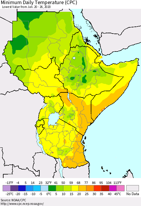 Eastern Africa Minimum Daily Temperature (CPC) Thematic Map For 1/20/2020 - 1/26/2020