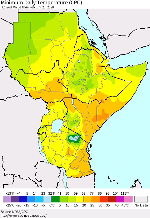 Eastern Africa Minimum Daily Temperature (CPC) Thematic Map For 2/17/2020 - 2/23/2020