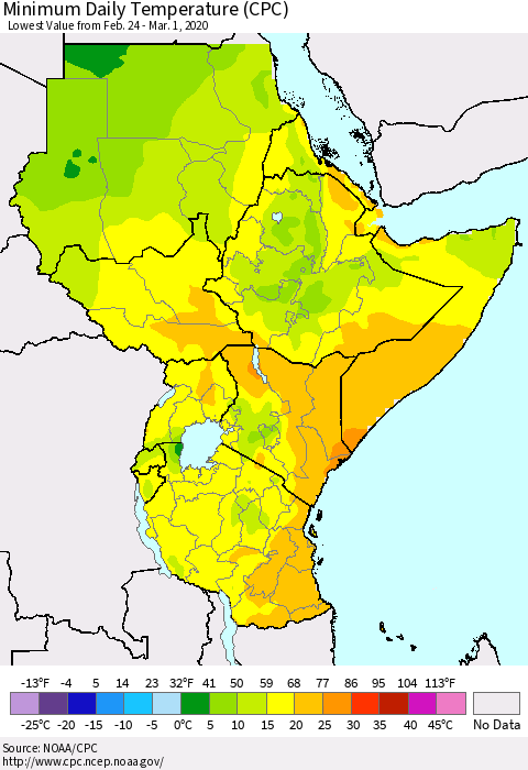 Eastern Africa Minimum Daily Temperature (CPC) Thematic Map For 2/24/2020 - 3/1/2020