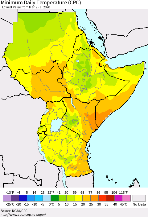 Eastern Africa Minimum Daily Temperature (CPC) Thematic Map For 3/2/2020 - 3/8/2020