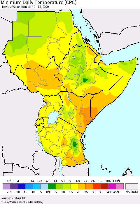 Eastern Africa Minimum Daily Temperature (CPC) Thematic Map For 3/9/2020 - 3/15/2020