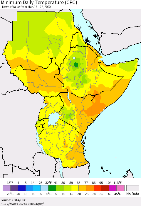 Eastern Africa Minimum Daily Temperature (CPC) Thematic Map For 3/16/2020 - 3/22/2020
