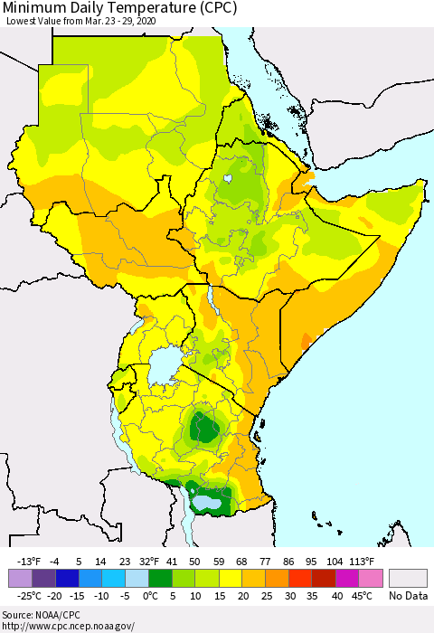 Eastern Africa Minimum Daily Temperature (CPC) Thematic Map For 3/23/2020 - 3/29/2020
