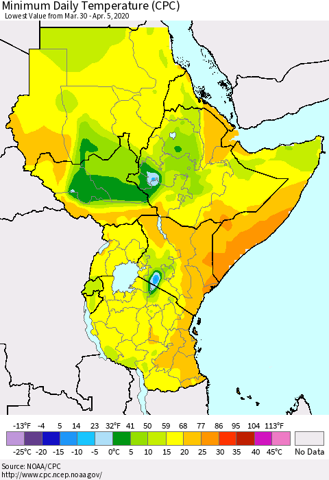 Eastern Africa Minimum Daily Temperature (CPC) Thematic Map For 3/30/2020 - 4/5/2020
