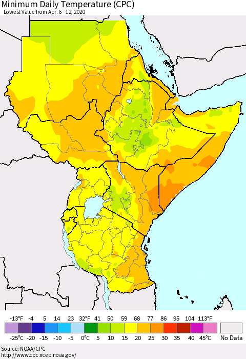 Eastern Africa Minimum Daily Temperature (CPC) Thematic Map For 4/6/2020 - 4/12/2020