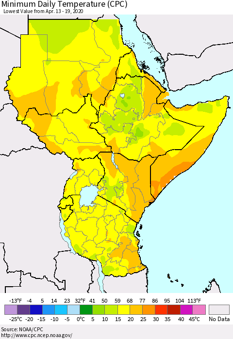 Eastern Africa Minimum Daily Temperature (CPC) Thematic Map For 4/13/2020 - 4/19/2020