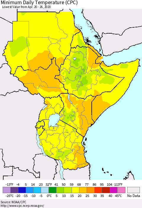 Eastern Africa Minimum Daily Temperature (CPC) Thematic Map For 4/20/2020 - 4/26/2020