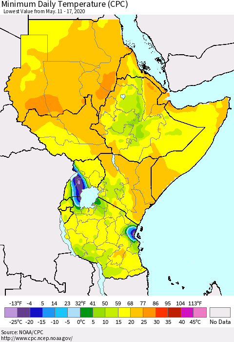 Eastern Africa Minimum Daily Temperature (CPC) Thematic Map For 5/11/2020 - 5/17/2020