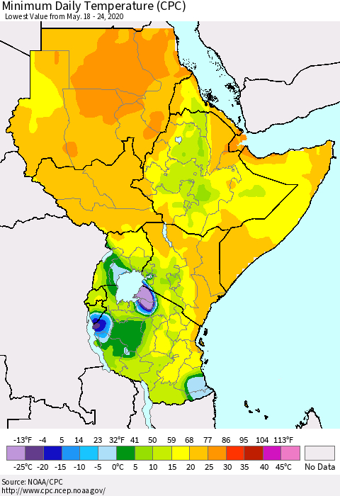 Eastern Africa Minimum Daily Temperature (CPC) Thematic Map For 5/18/2020 - 5/24/2020
