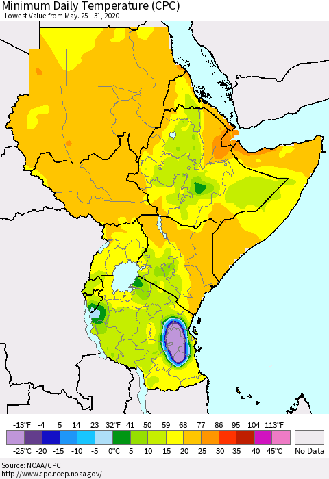 Eastern Africa Minimum Daily Temperature (CPC) Thematic Map For 5/25/2020 - 5/31/2020