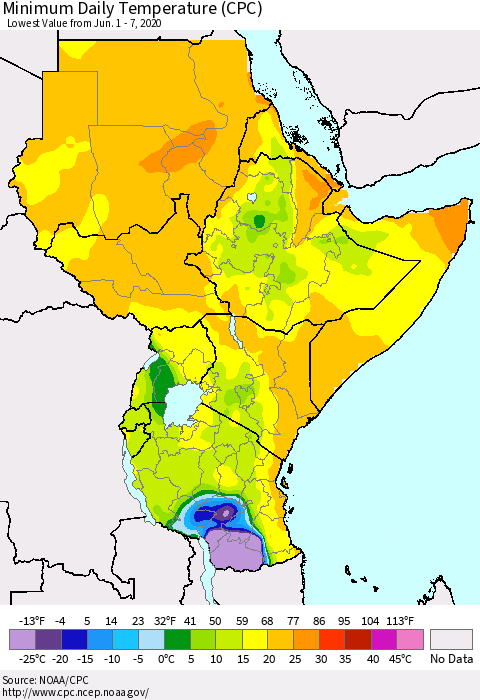 Eastern Africa Minimum Daily Temperature (CPC) Thematic Map For 6/1/2020 - 6/7/2020