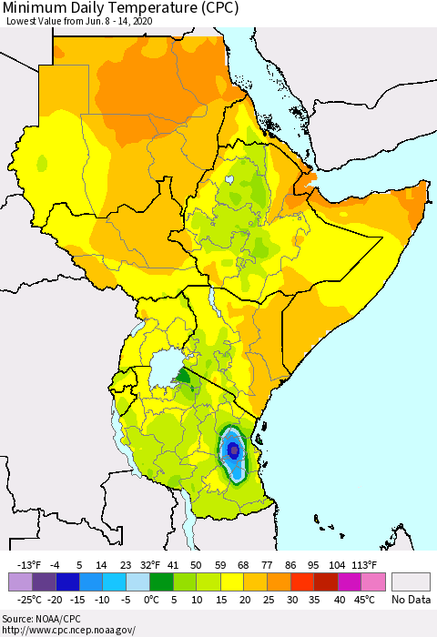 Eastern Africa Minimum Daily Temperature (CPC) Thematic Map For 6/8/2020 - 6/14/2020
