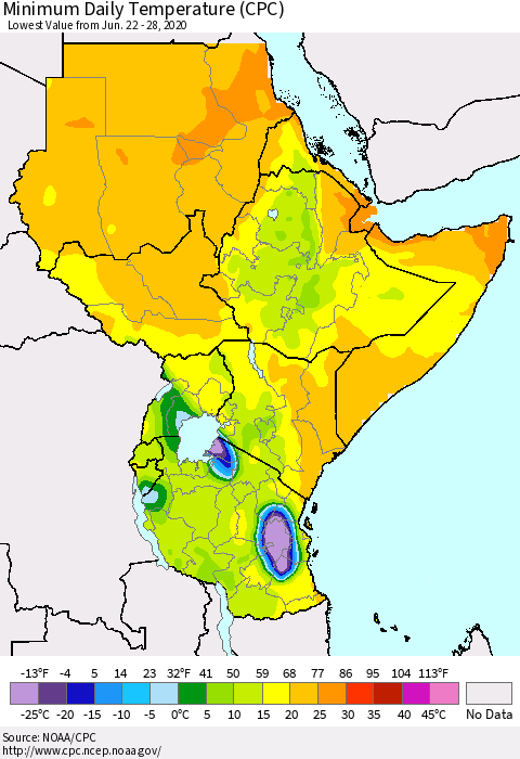 Eastern Africa Minimum Daily Temperature (CPC) Thematic Map For 6/22/2020 - 6/28/2020