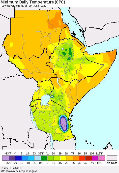 Eastern Africa Minimum Daily Temperature (CPC) Thematic Map For 6/29/2020 - 7/5/2020