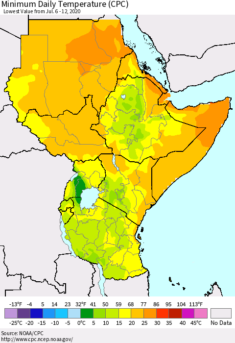 Eastern Africa Minimum Daily Temperature (CPC) Thematic Map For 7/6/2020 - 7/12/2020