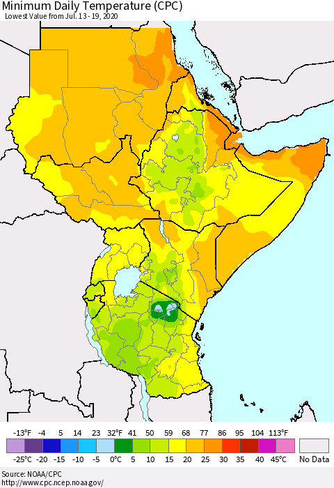 Eastern Africa Minimum Daily Temperature (CPC) Thematic Map For 7/13/2020 - 7/19/2020