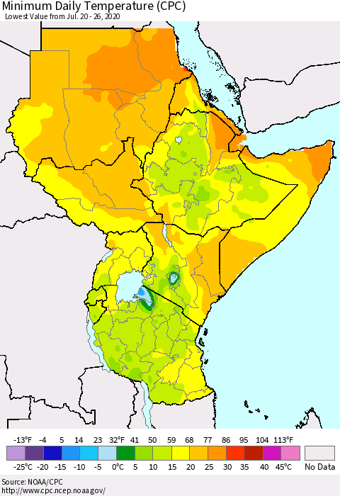 Eastern Africa Minimum Daily Temperature (CPC) Thematic Map For 7/20/2020 - 7/26/2020