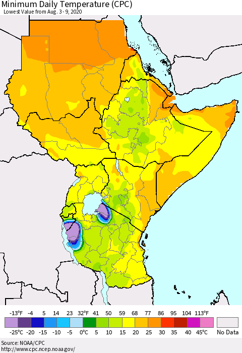 Eastern Africa Minimum Daily Temperature (CPC) Thematic Map For 8/3/2020 - 8/9/2020